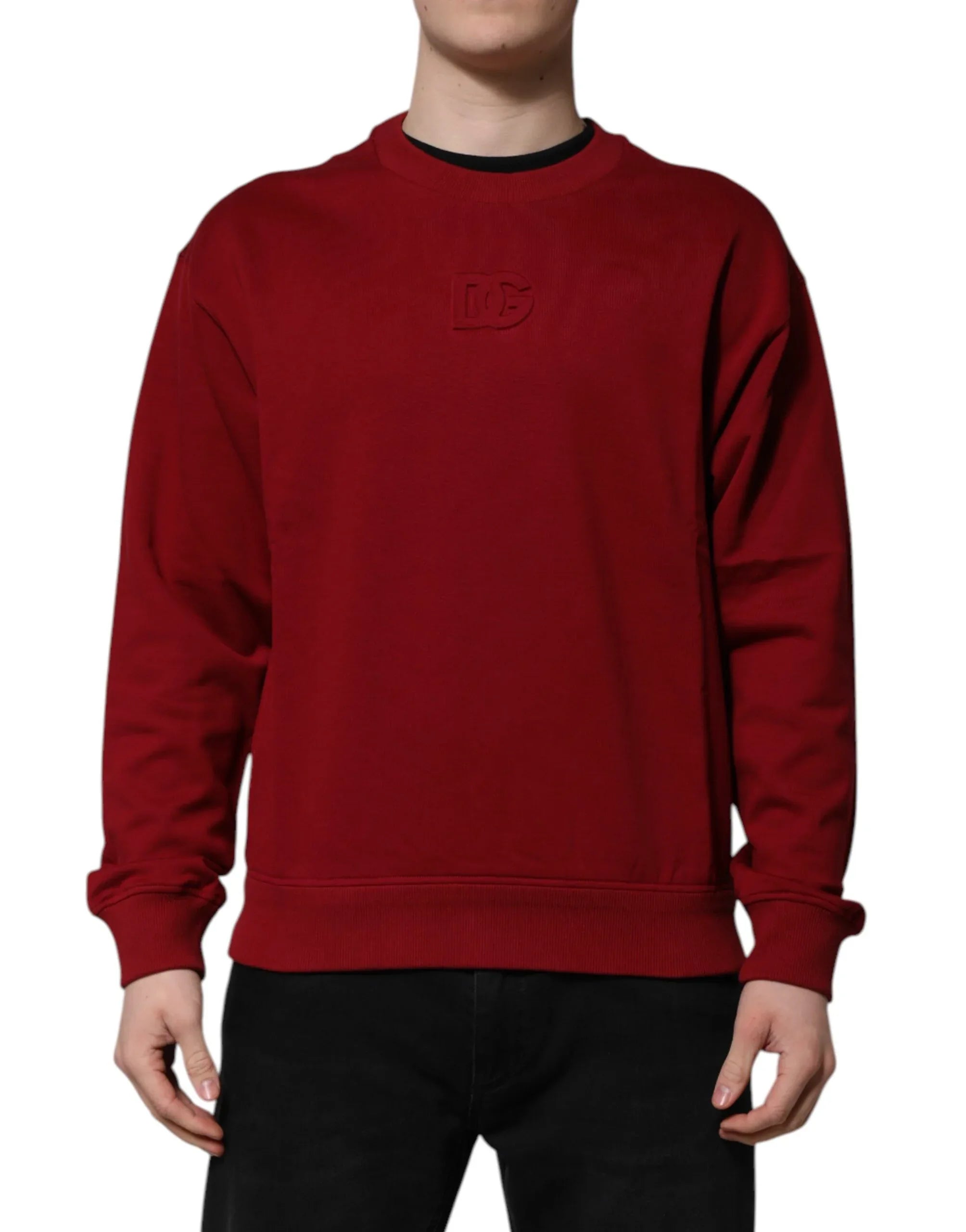 Dolce & Gabbana Red Embossed Logo Cotton Crew Neck Sweater - Zeiniez