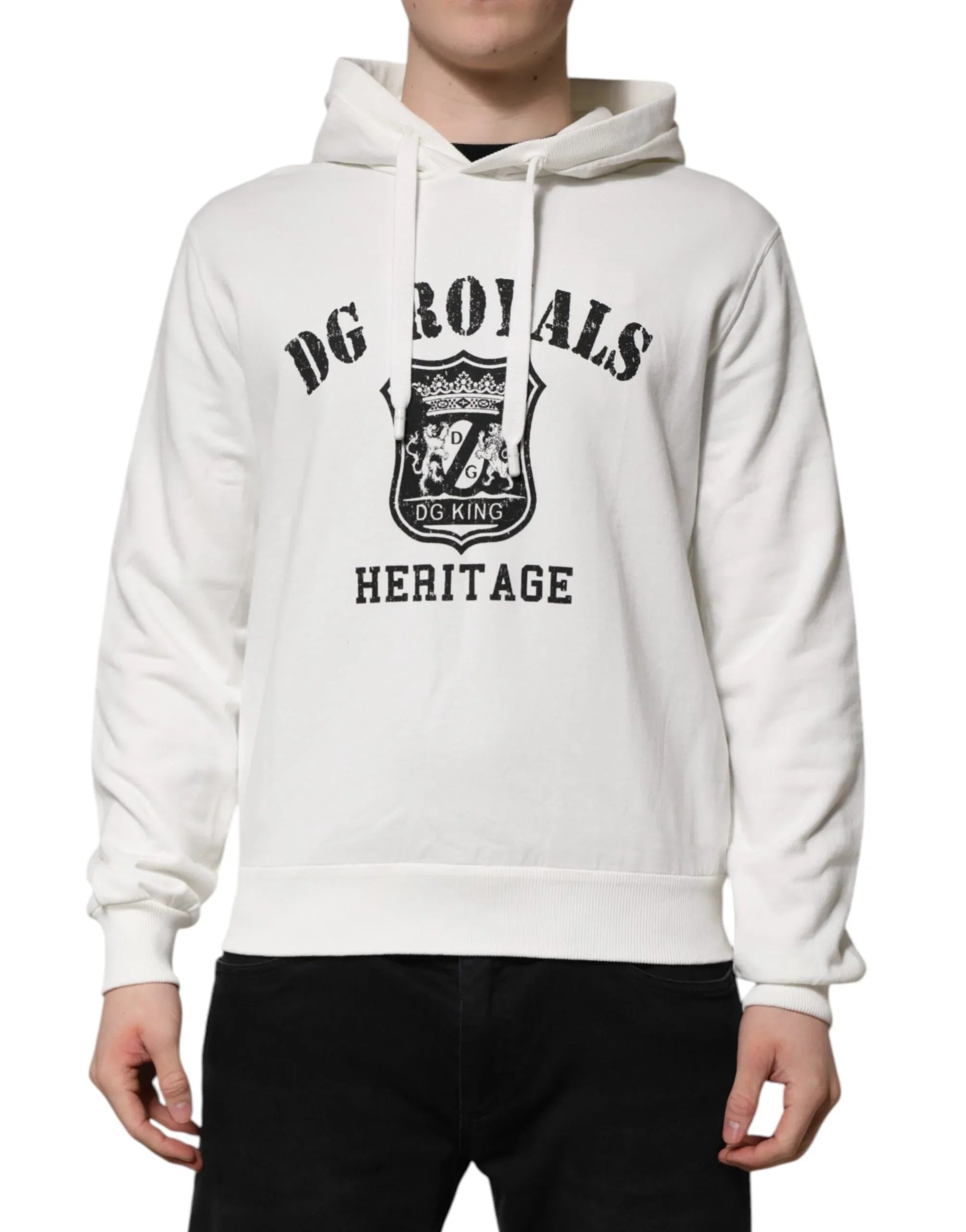 Dolce & Gabbana White Cotton DG ROYAL Print Hooded Sweater - Zeiniez