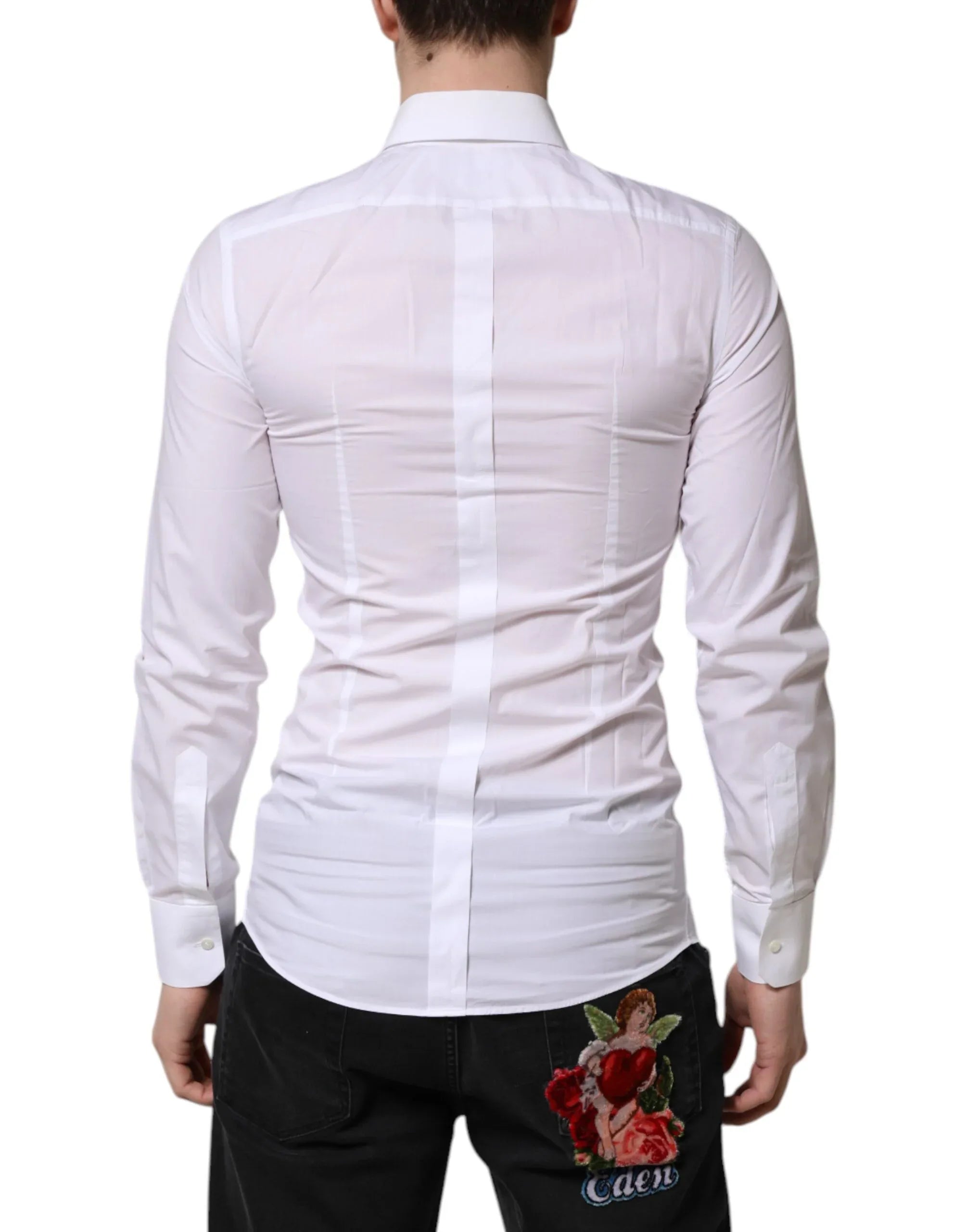 Dolce & Gabbana White Cotton GOLD Long Sleeve Men Dress Shirt - Zeiniez