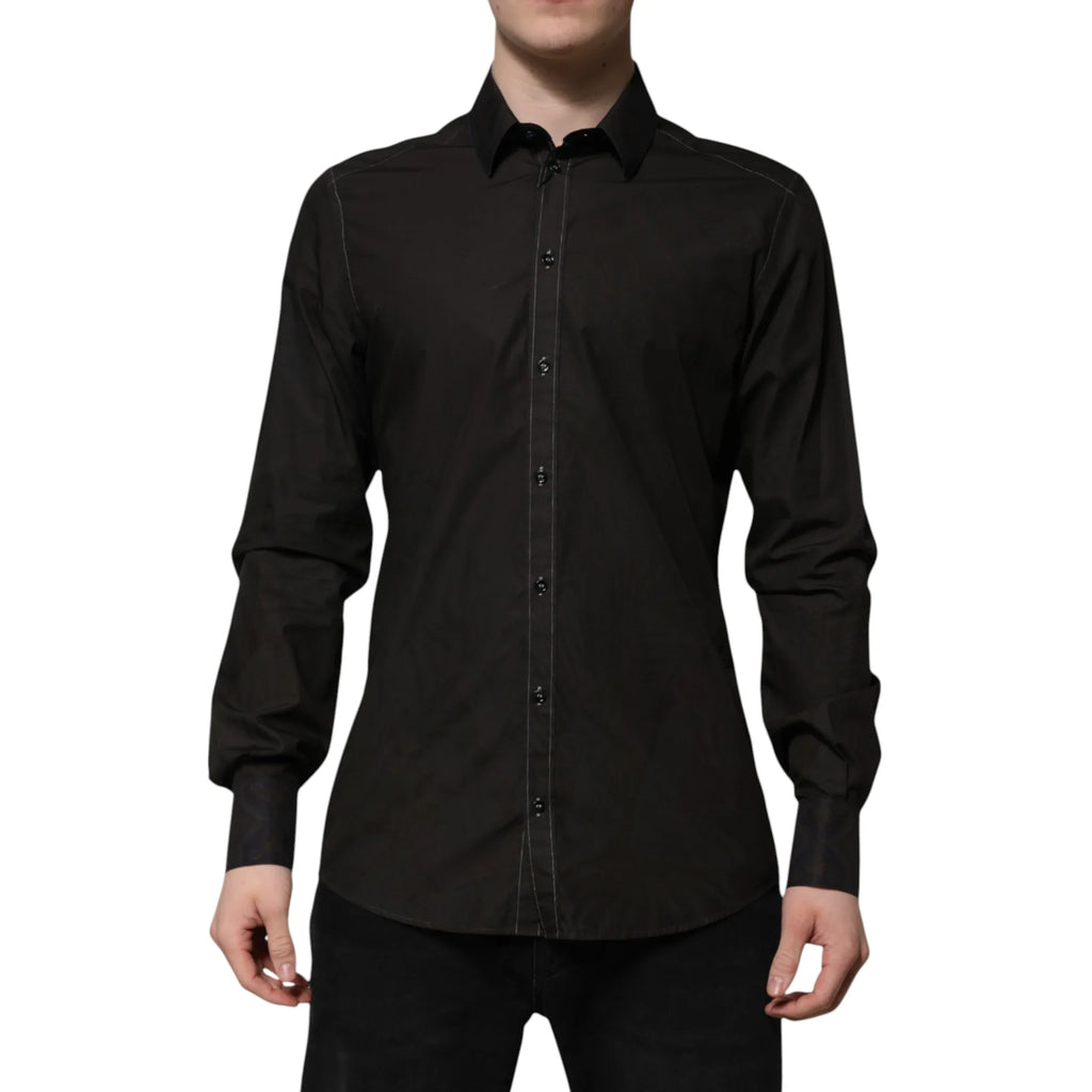 Dolce & Gabbana Black Cotton Jacquard GOLD Collar Dress Shirt - Zeiniez
