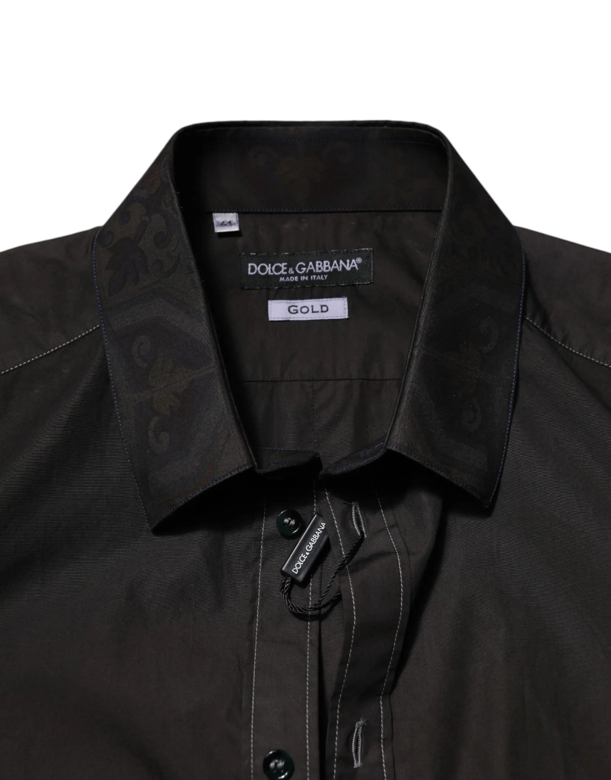 Dolce & Gabbana Black Cotton Jacquard GOLD Collar Dress Shirt - Zeiniez