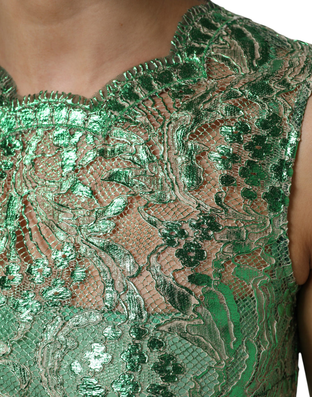Dolce & Gabbana Green Cotton Floral Lace Sheath Midi Dress