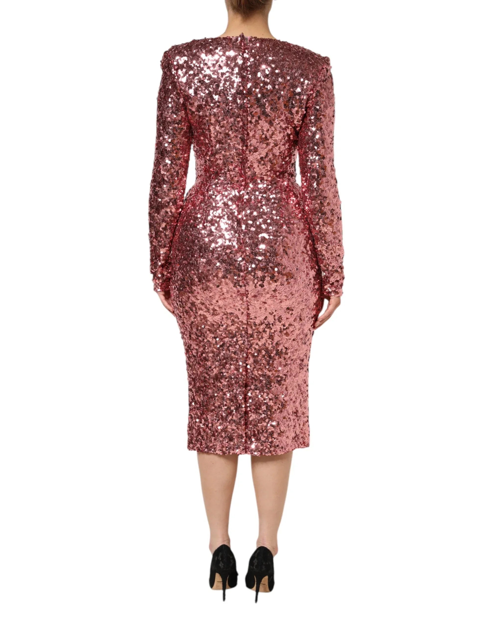 Dolce & Gabbana Pink Sequin Statement Nylon Midi V-Neck Dress - Zeiniez