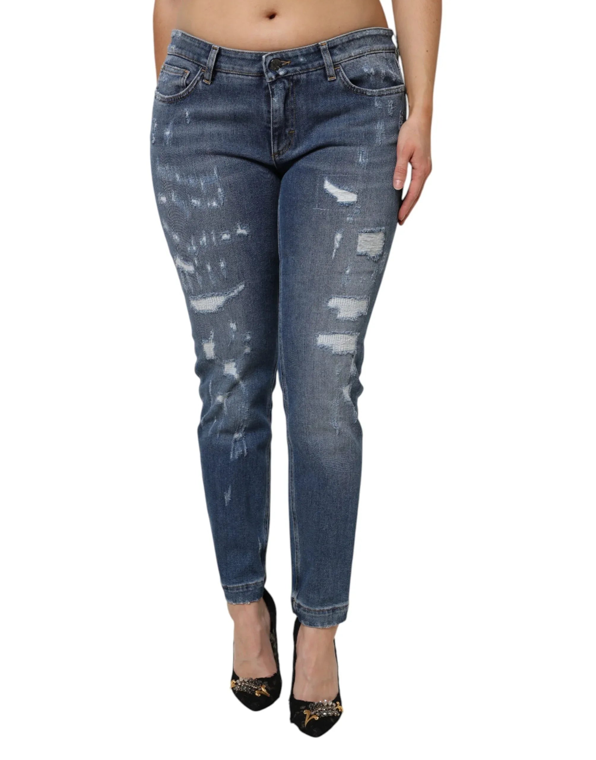 Dolce & Gabbana Blue Tattered Cotton Low Waist Denim Jeans - Zeiniez