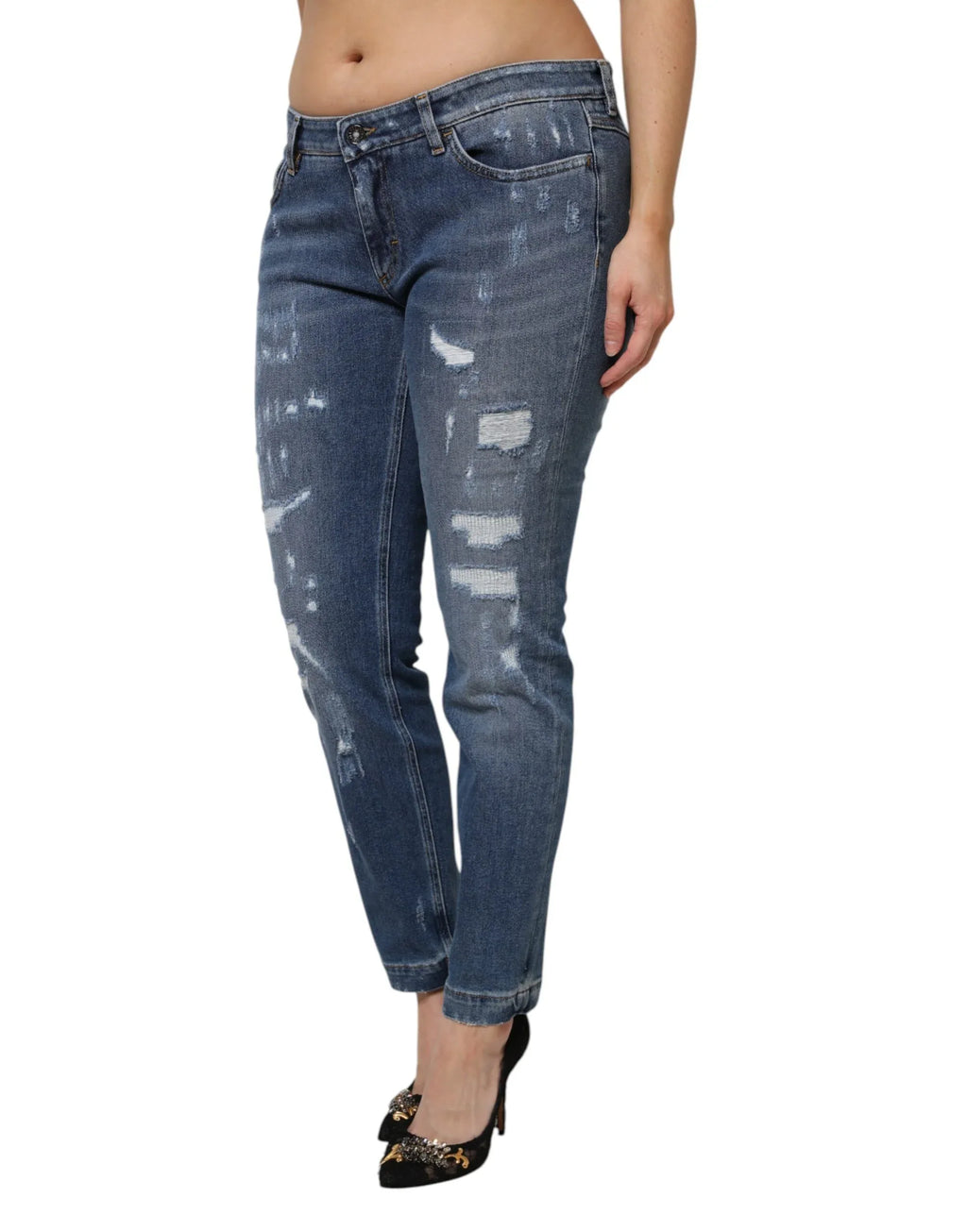 Dolce & Gabbana Blue Tattered Cotton Low Waist Denim Jeans - Zeiniez