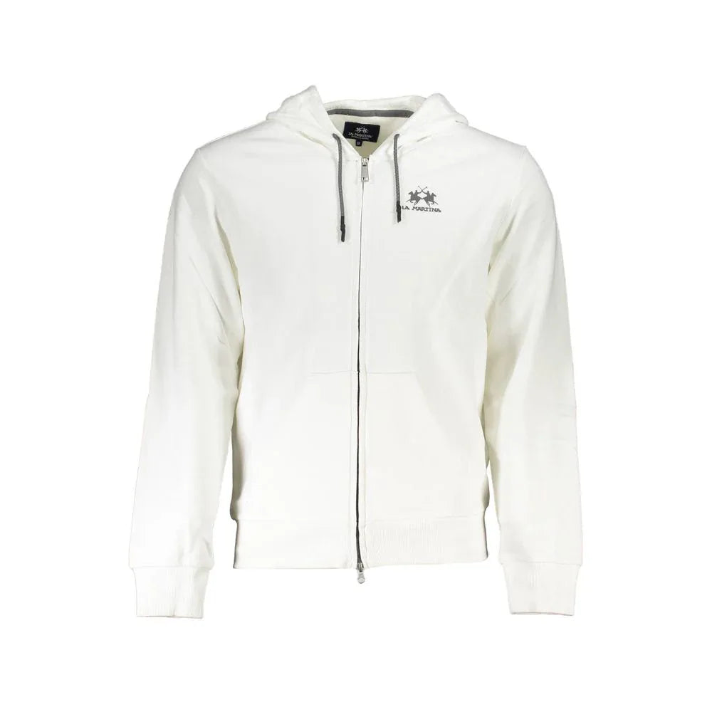 La Martina White Cotton Men Sweater with Hood and Zip Pockets - Zeiniez