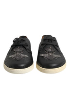 Dolce & Gabbana Black Leather Bee Crown Low Top Sneakers Shoes - Zeiniez