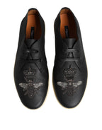Dolce & Gabbana Black Leather Bee Crown Low Top Sneakers Shoes - Zeiniez