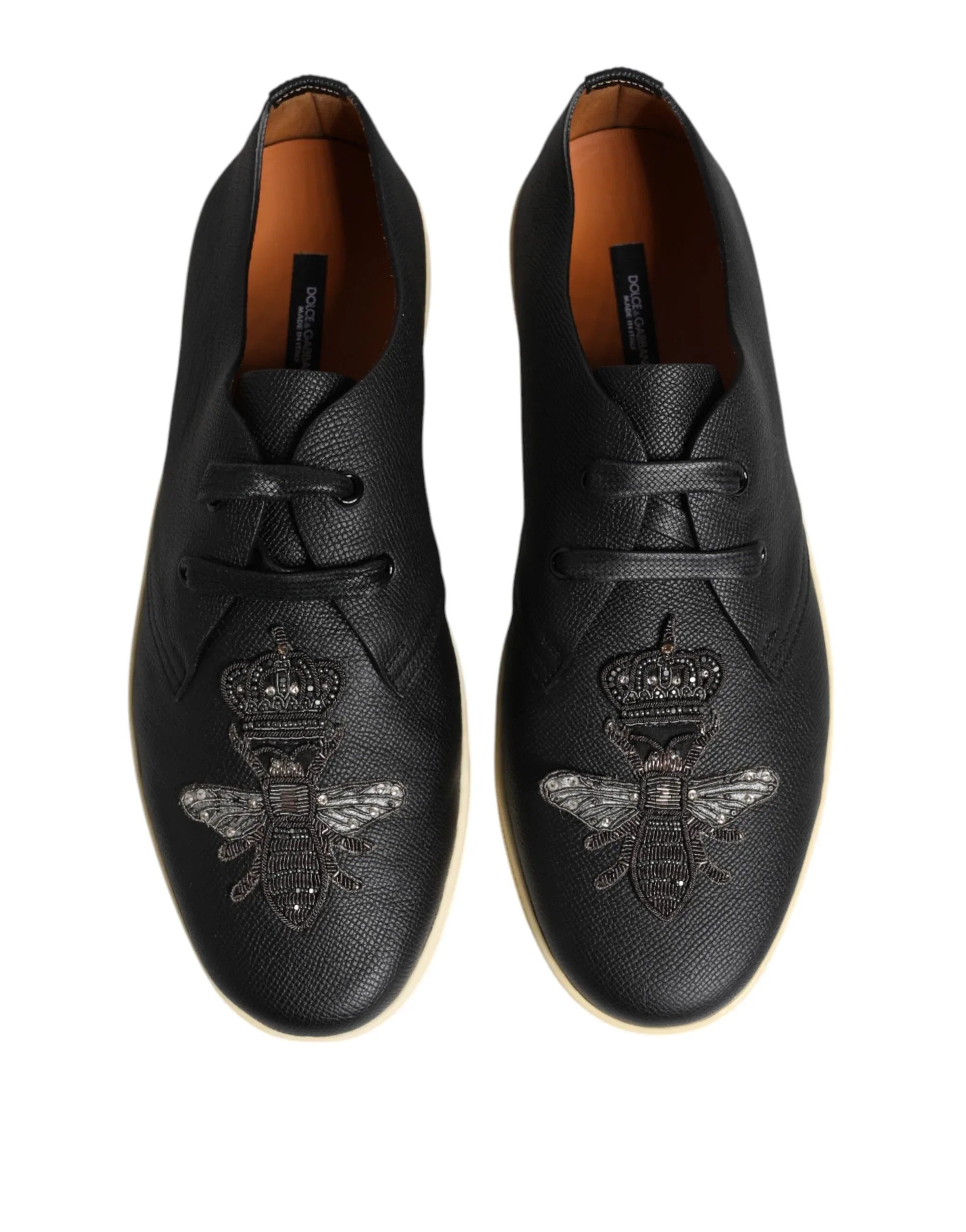 Dolce & Gabbana Black Leather Bee Crown Low Top Sneakers Shoes - Zeiniez