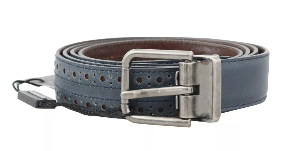 Dolce & Gabbana Blue Perforated Leather Gray Buckle Belt - Zeiniez