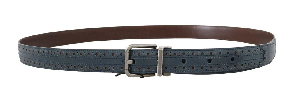 Dolce & Gabbana Blue Perforated Leather Gray Buckle Belt - Zeiniez