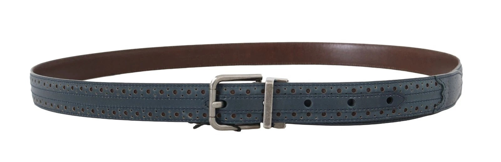 Dolce & Gabbana Blue Perforated Leather Gray Buckle Belt - Zeiniez