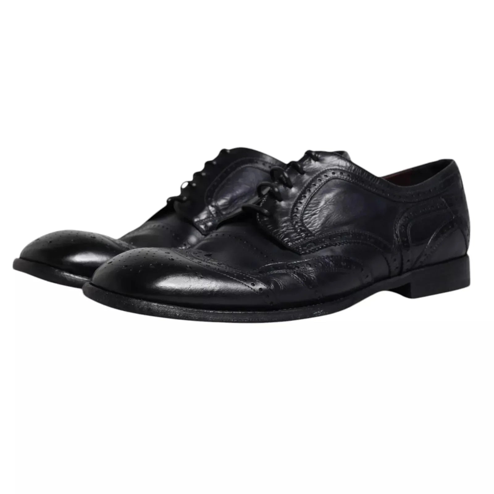 Dolce & Gabbana Dark Blue Leather Derby Wingtip Formal Shoes - Zeiniez