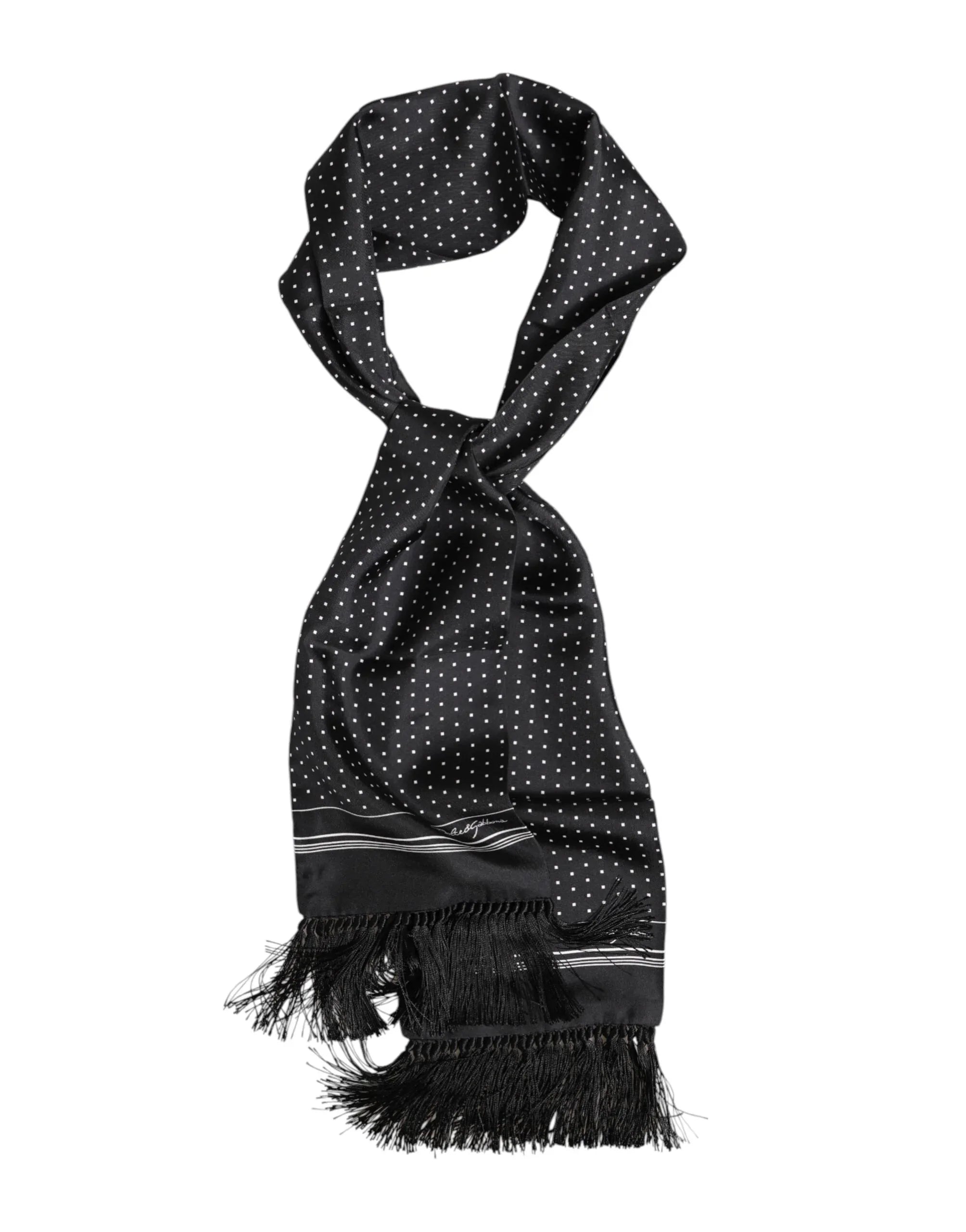 Dolce & Gabbana Black White Polka Dot Fringes Foulard Scarf - Zeiniez