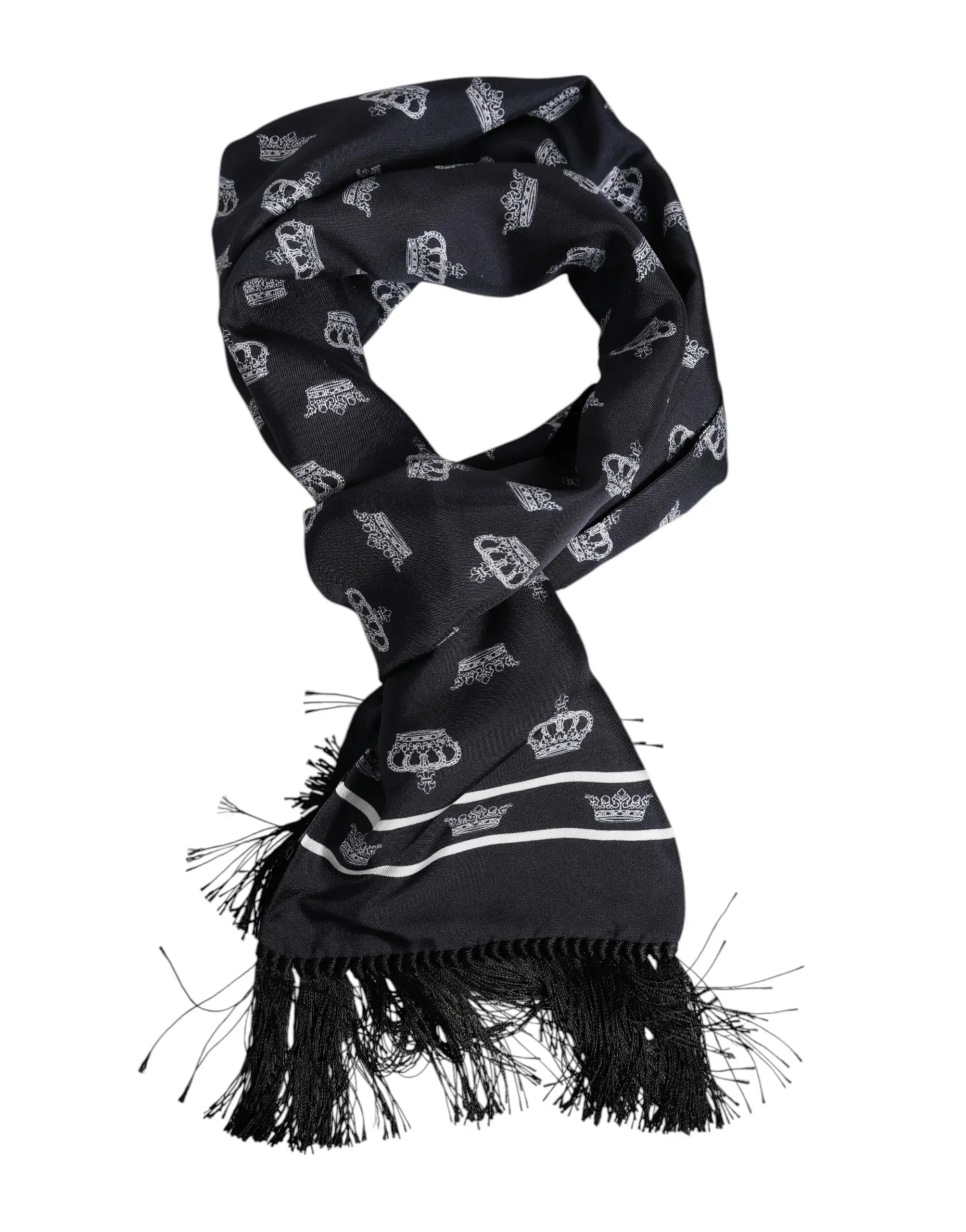 Dolce & Gabbana Black Silk Crown Fringes Men Foulard Scarf - Zeiniez