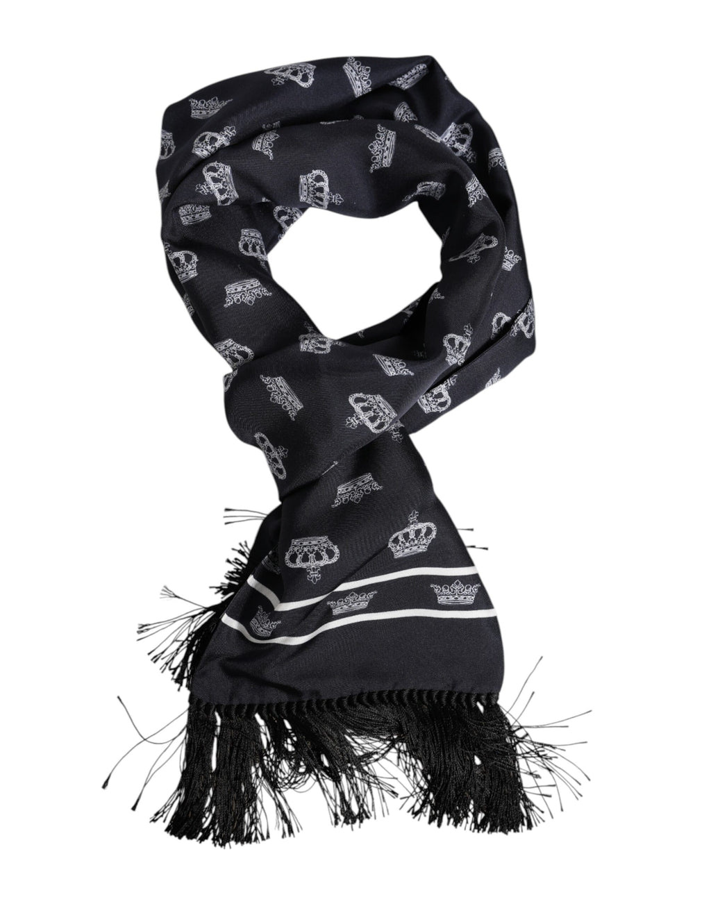 Dolce & Gabbana Black Silk Crown Fringes Men Foulard Scarf