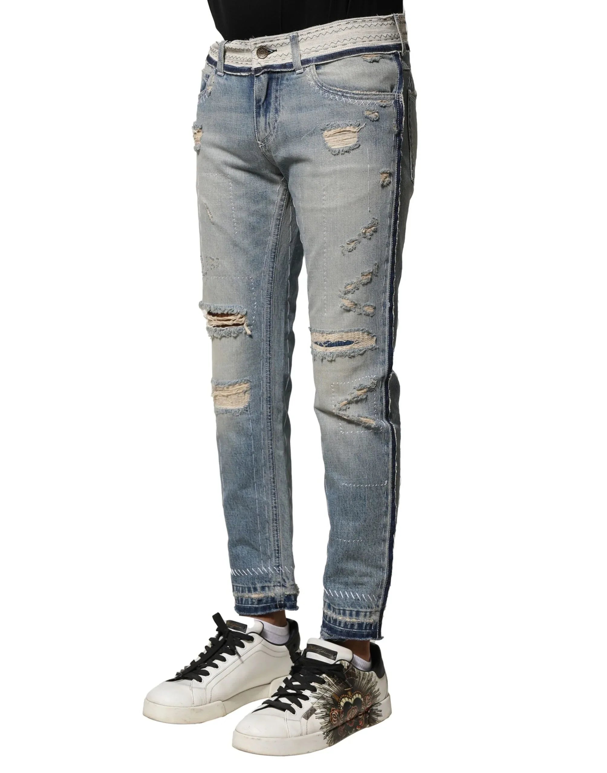 Dolce & Gabbana Light Blue Tattered Straight Men Denim Jeans - Zeiniez