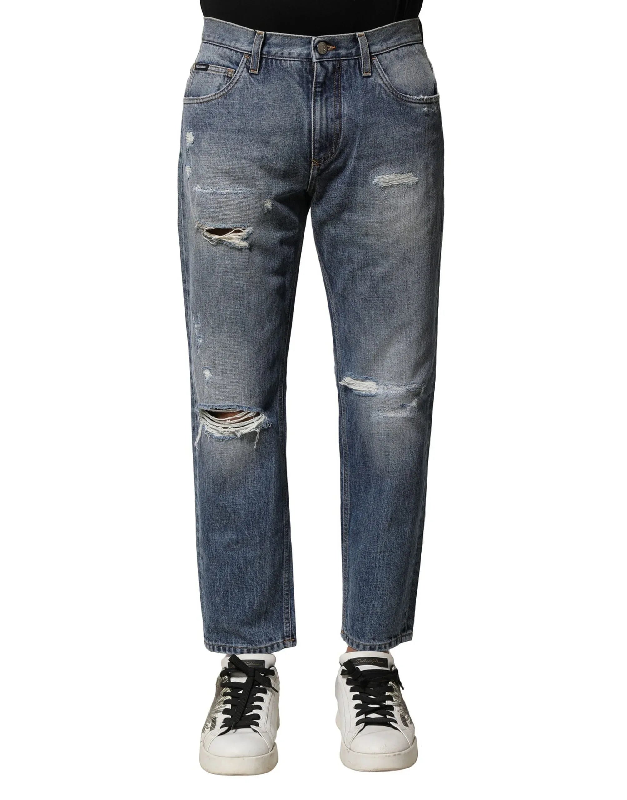 Dolce & Gabbana Blue Washed Tattered Straight Fit Denim Jeans - Zeiniez