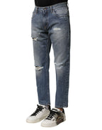 Dolce & Gabbana Blue Washed Tattered Straight Fit Denim Jeans - Zeiniez
