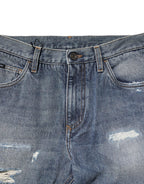 Dolce & Gabbana Blue Washed Tattered Straight Fit Denim Jeans - Zeiniez