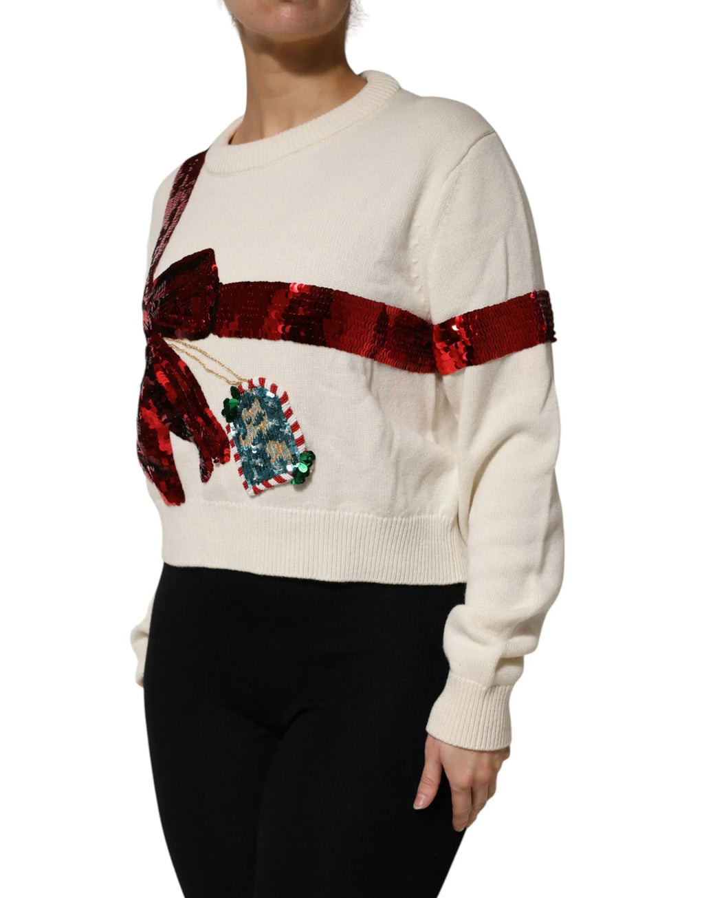 Dolce & Gabbana White Sequined Crew Neck Pullover Sweater - Zeiniez
