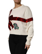 Dolce & Gabbana White Sequined Crew Neck Pullover Sweater - Zeiniez