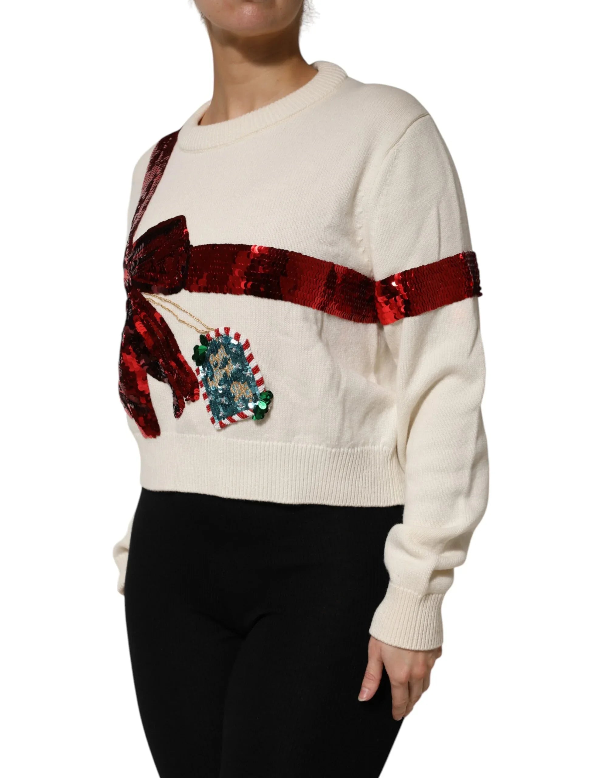 Dolce & Gabbana White Sequined Crew Neck Pullover Sweater - Zeiniez