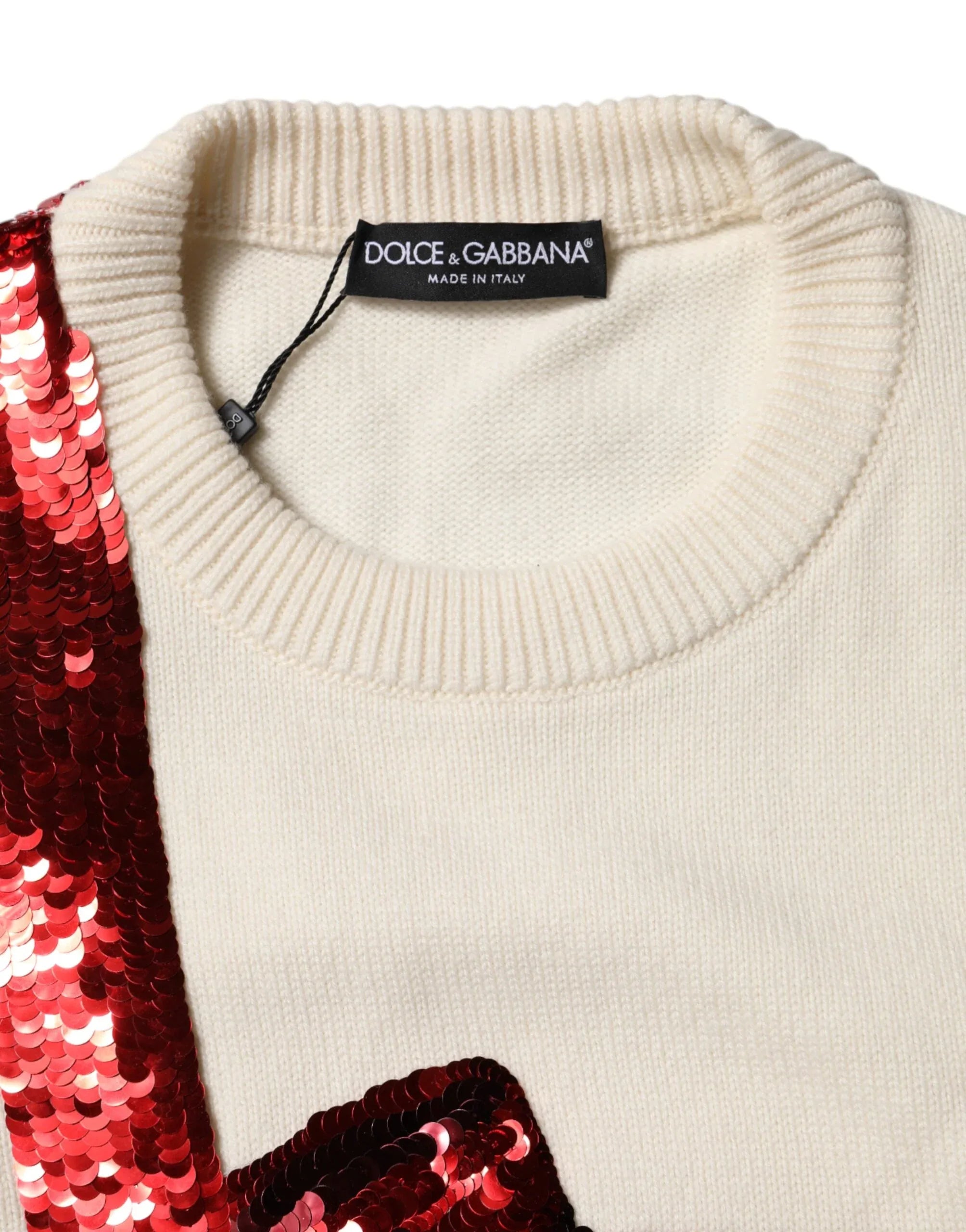 Dolce & Gabbana White Sequined Crew Neck Pullover Sweater - Zeiniez