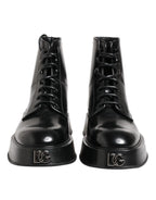 Dolce & Gabbana Black Leather Logo Ankle Boots Lace Up Shoes - Zeiniez