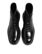 Dolce & Gabbana Black Leather Logo Ankle Boots Lace Up Shoes - Zeiniez