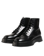 Dolce & Gabbana Black Leather Logo Ankle Boots Lace Up Shoes - Zeiniez