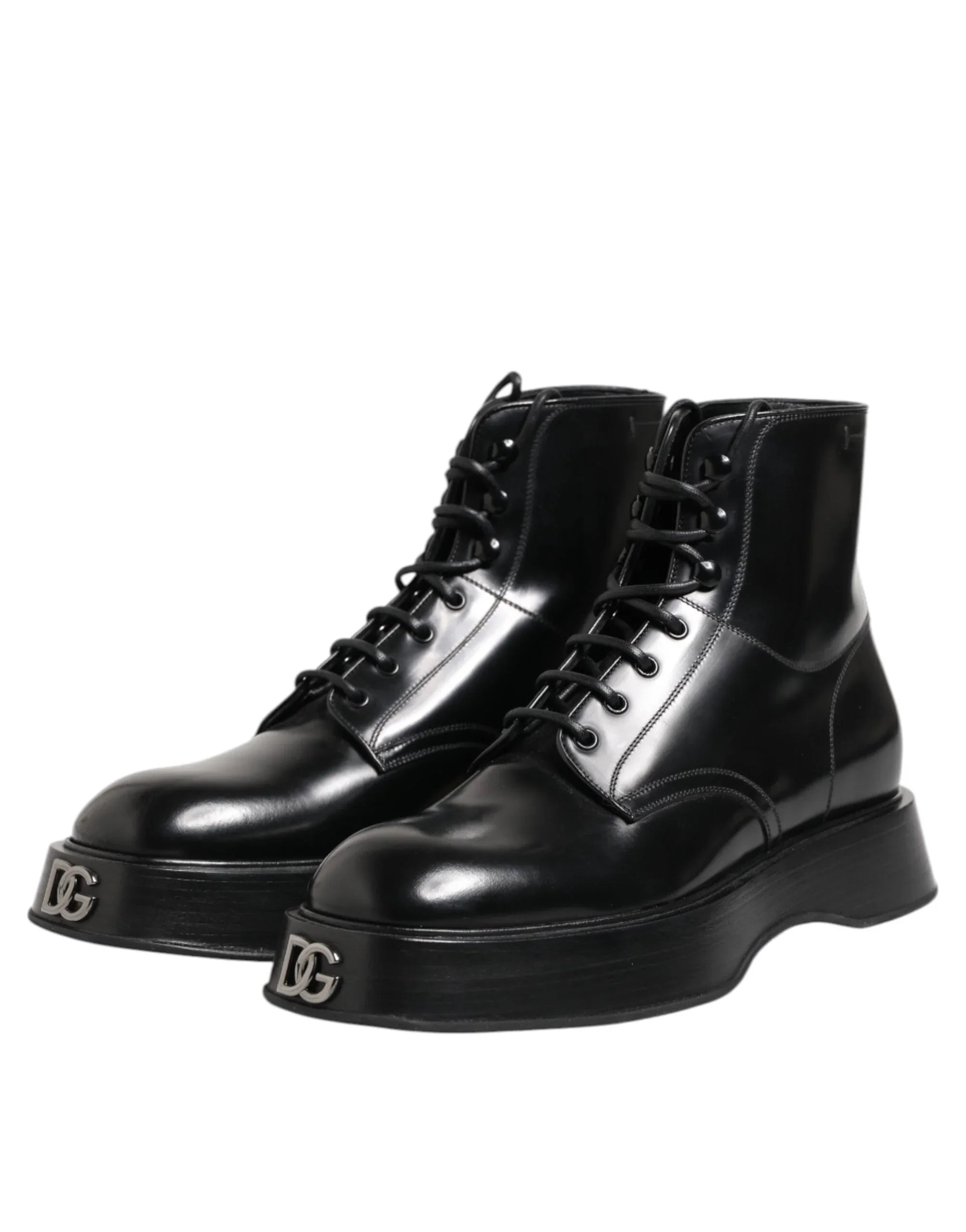 Dolce & Gabbana Black Leather Logo Ankle Boots Lace Up Shoes - Zeiniez