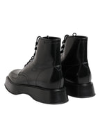 Dolce & Gabbana Black Leather Logo Ankle Boots Lace Up Shoes - Zeiniez