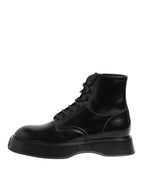 Dolce & Gabbana Black Leather Logo Ankle Boots Lace Up Shoes - Zeiniez