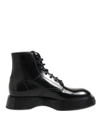 Dolce & Gabbana Black Leather Logo Ankle Boots Lace Up Shoes - Zeiniez