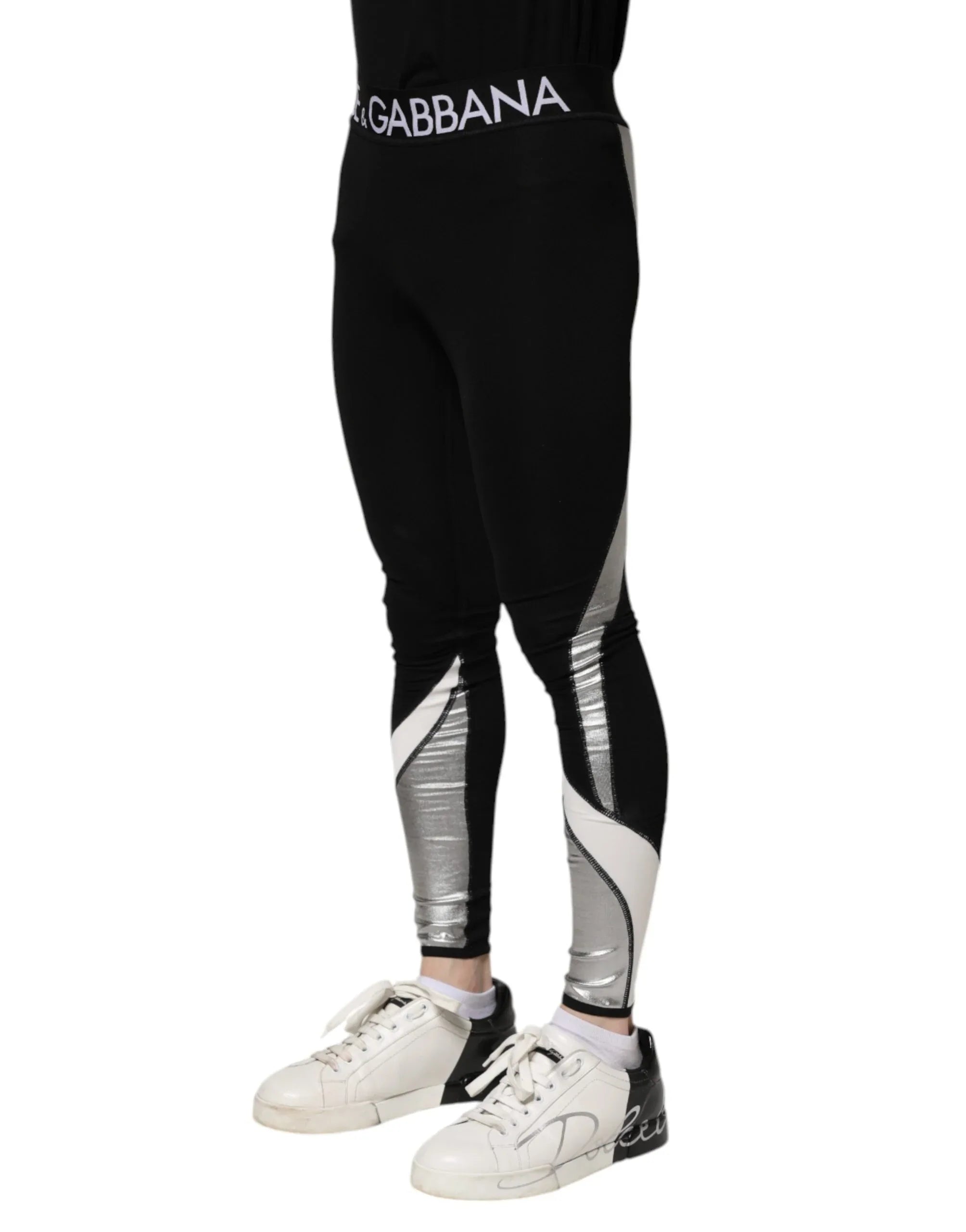 Dolce & Gabbana Black Silver Nylon Skinny Men Leggings Pants - Zeiniez