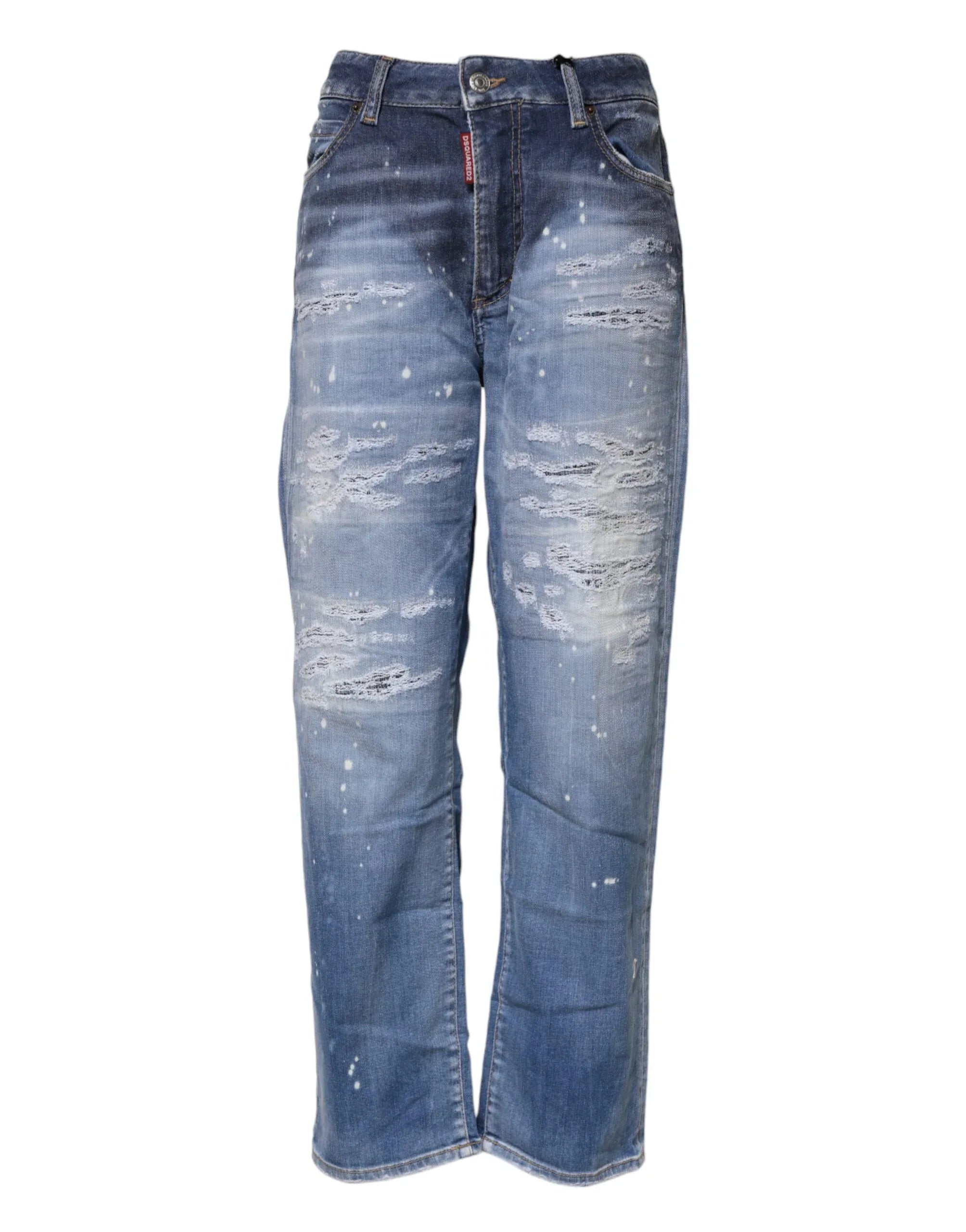 Dsquared² Blue Tattered Cotton Mid Waist Straight Denim Jeans - Zeiniez