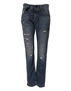 Dolce & Gabbana Blue Cotton Tattered Boyfriend Denim Jeans
