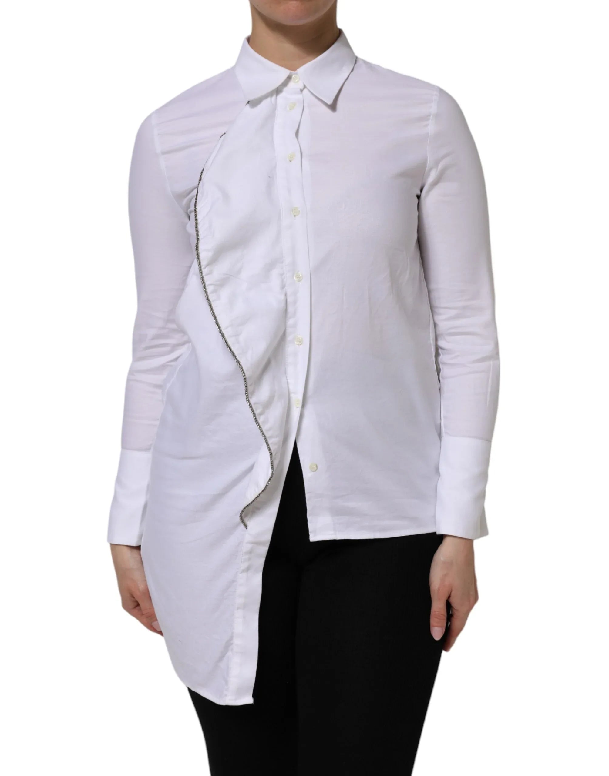 AGLINI White Cotton Collared Long Sleeves Ruffle Top Shirt - Zeiniez