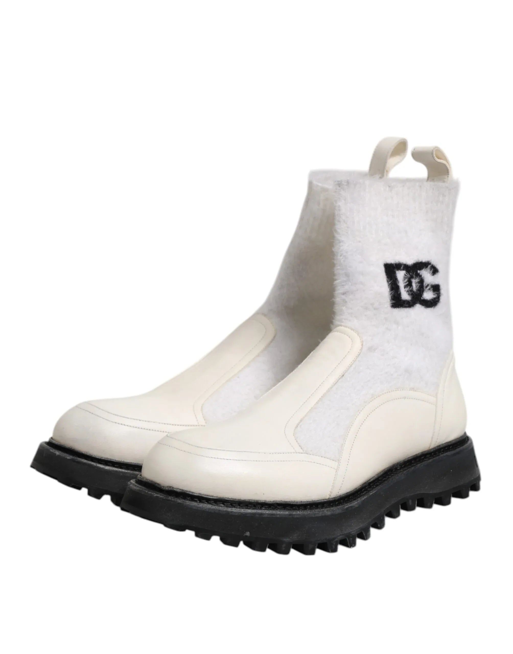 Dolce & Gabbana White Beige DG Logo Mid Calf Boots Shoes - Zeiniez