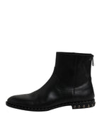 Dolce & Gabbana Black Leather Logo Ankle Boots Studded Shoes