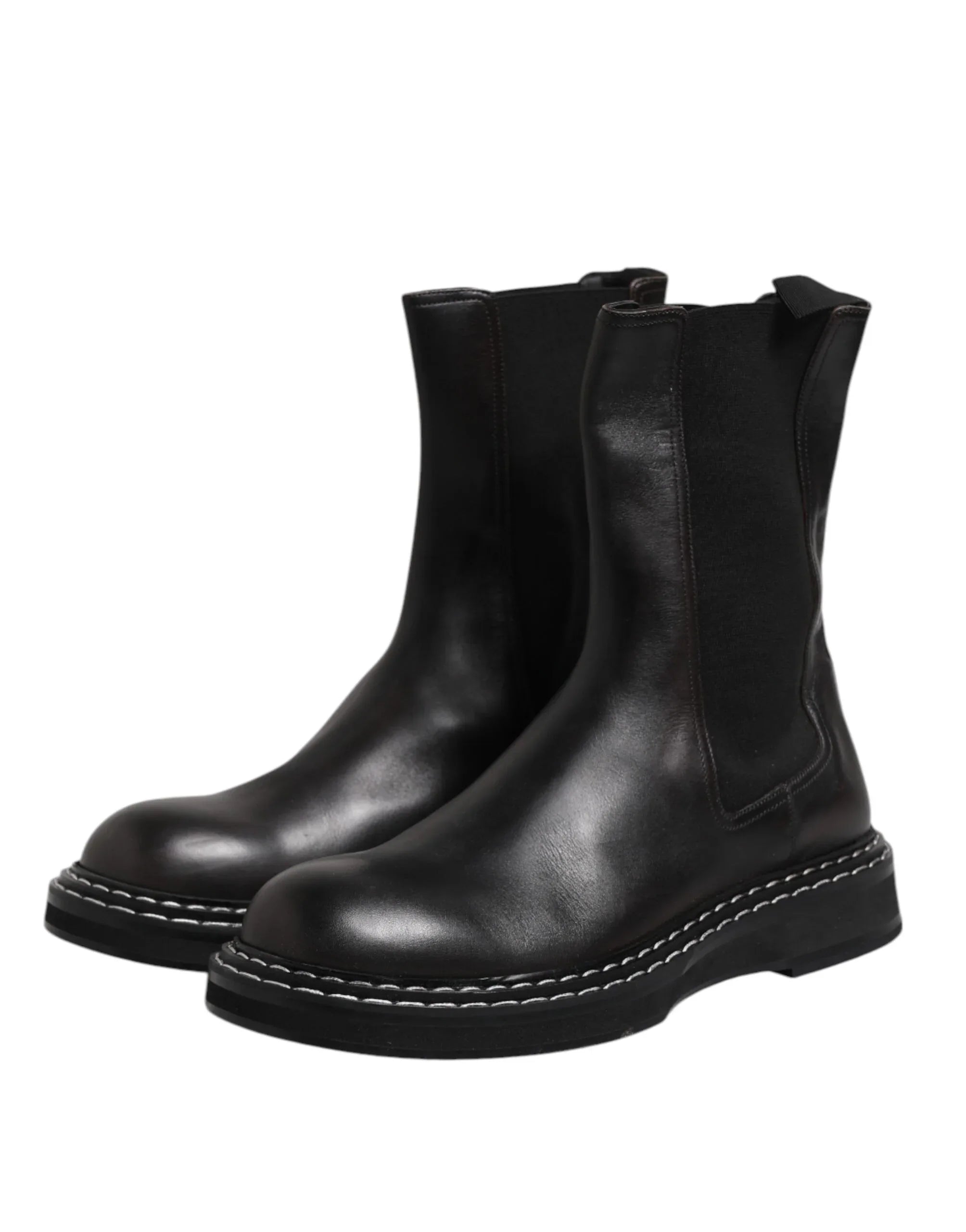 Dolce & Gabbana Black Leather Mid Calf Boots Flats Shoes - Zeiniez