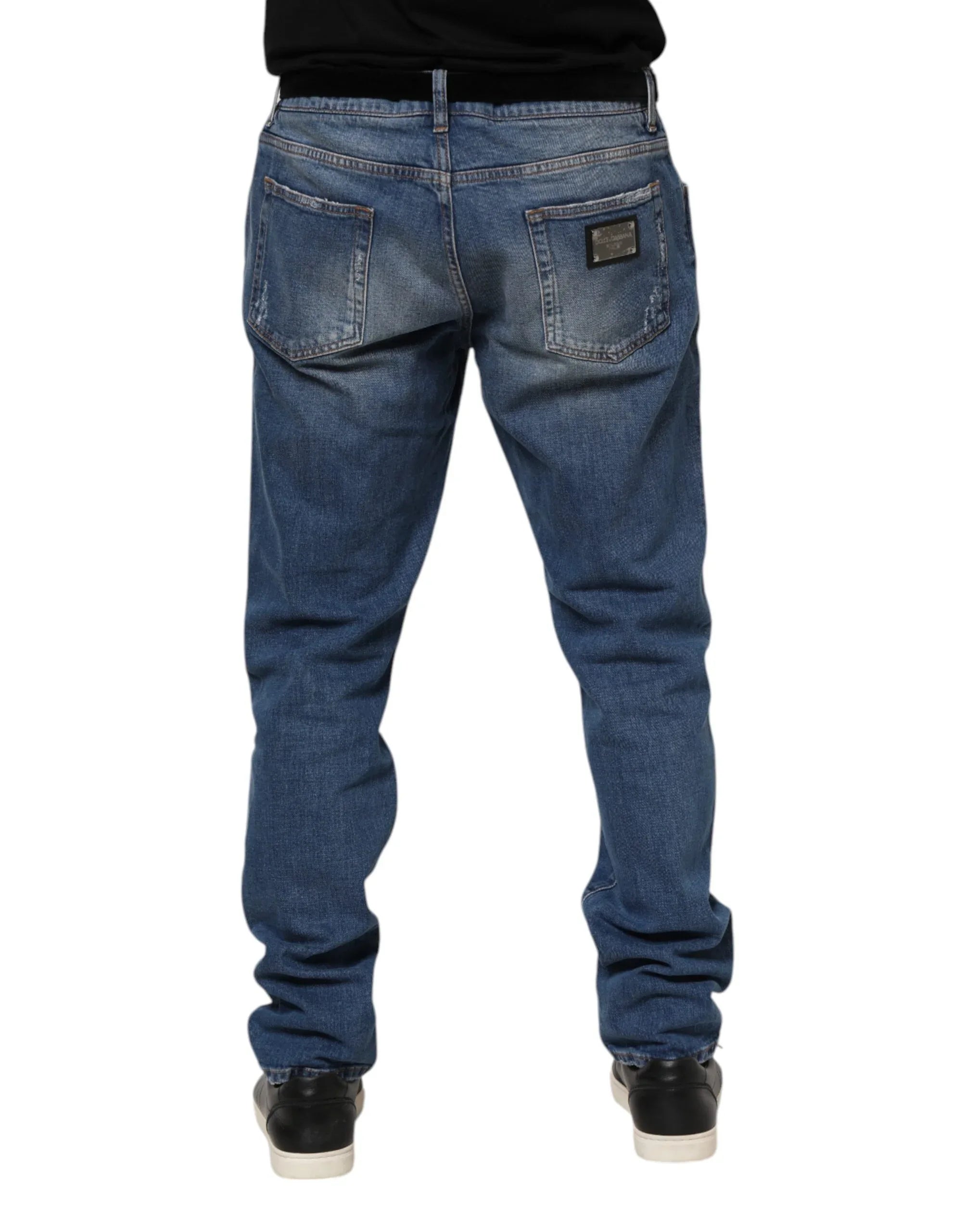 Dolce & Gabbana Blue Washed Cotton Logo Plaque Denim Jeans - Zeiniez