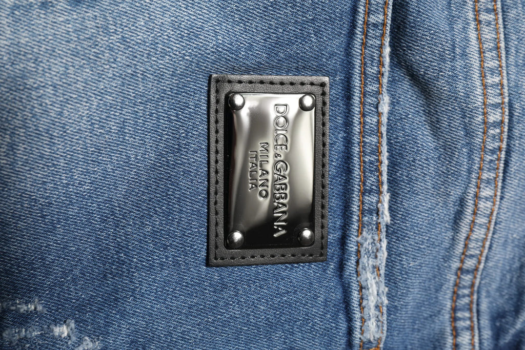 Dolce & Gabbana Blue Washed Cotton Logo Plaque Denim Jeans - Zeiniez