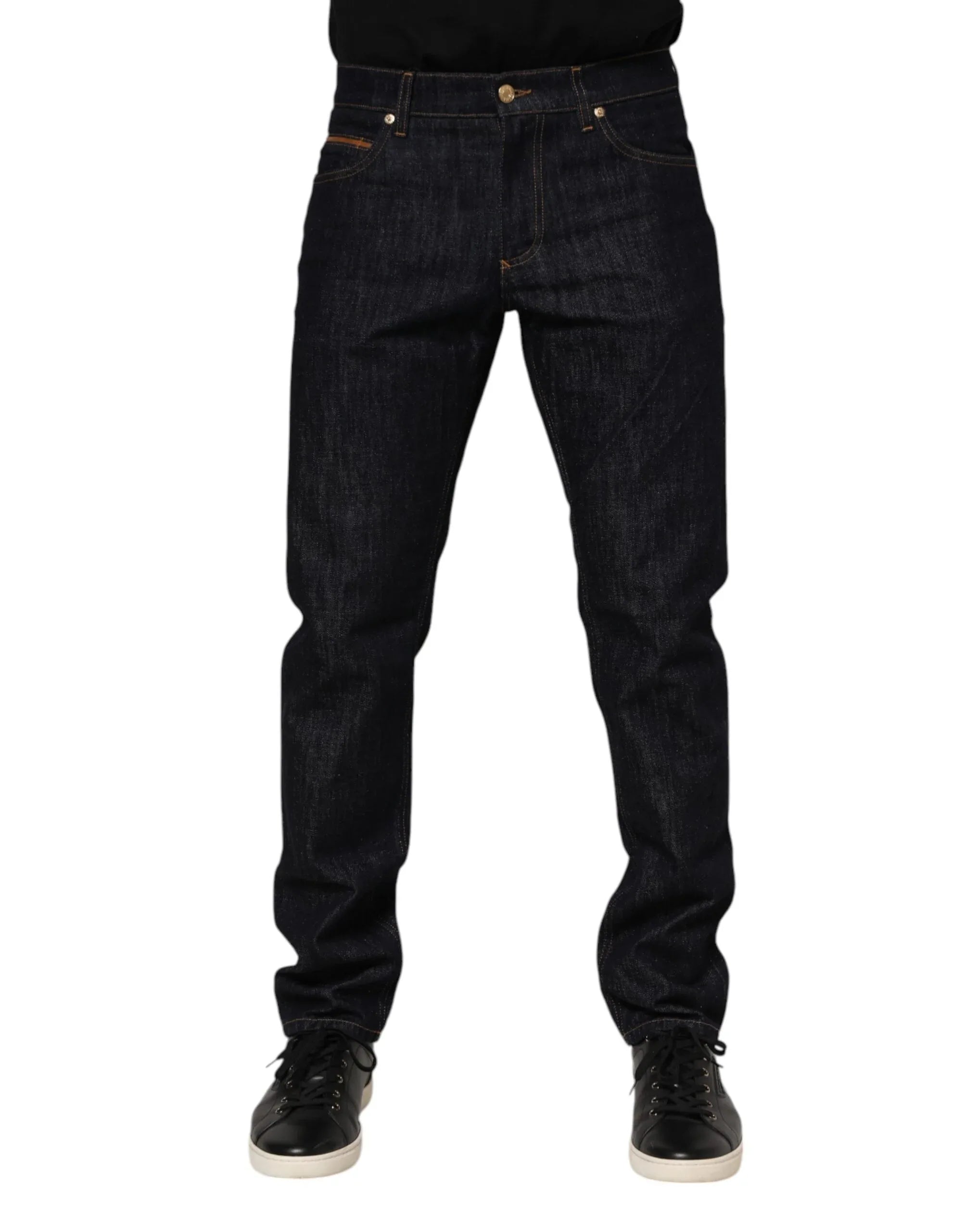 Dolce & Gabbana Dark Blue Cotton Logo Plaque Men Denim Jeans - Zeiniez