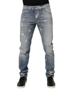 Dolce & Gabbana Blue Cotton Tattered Slim Fit Men Denim Jeans - Zeiniez