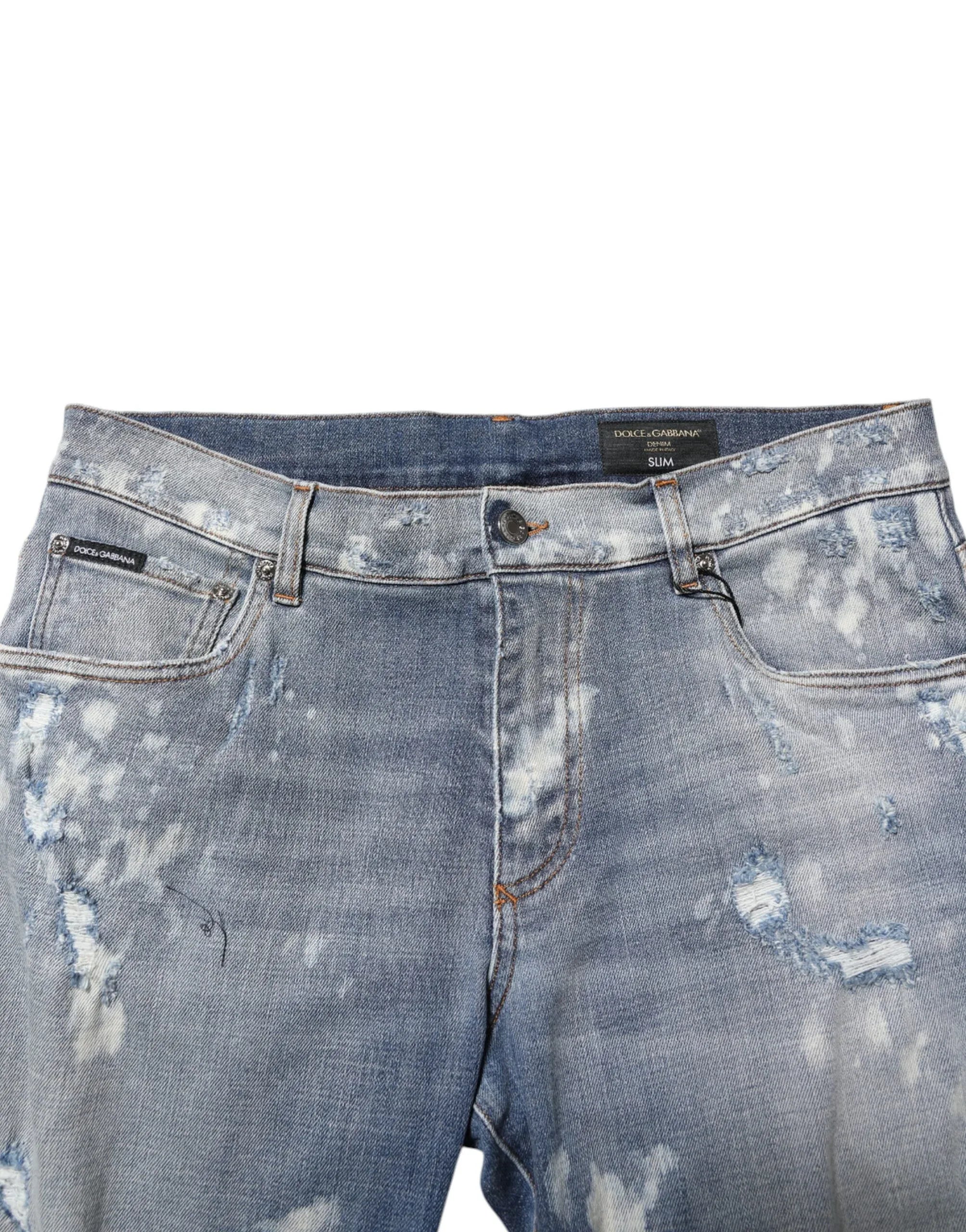 Dolce & Gabbana Blue Cotton Tattered Slim Fit Men Denim Jeans - Zeiniez