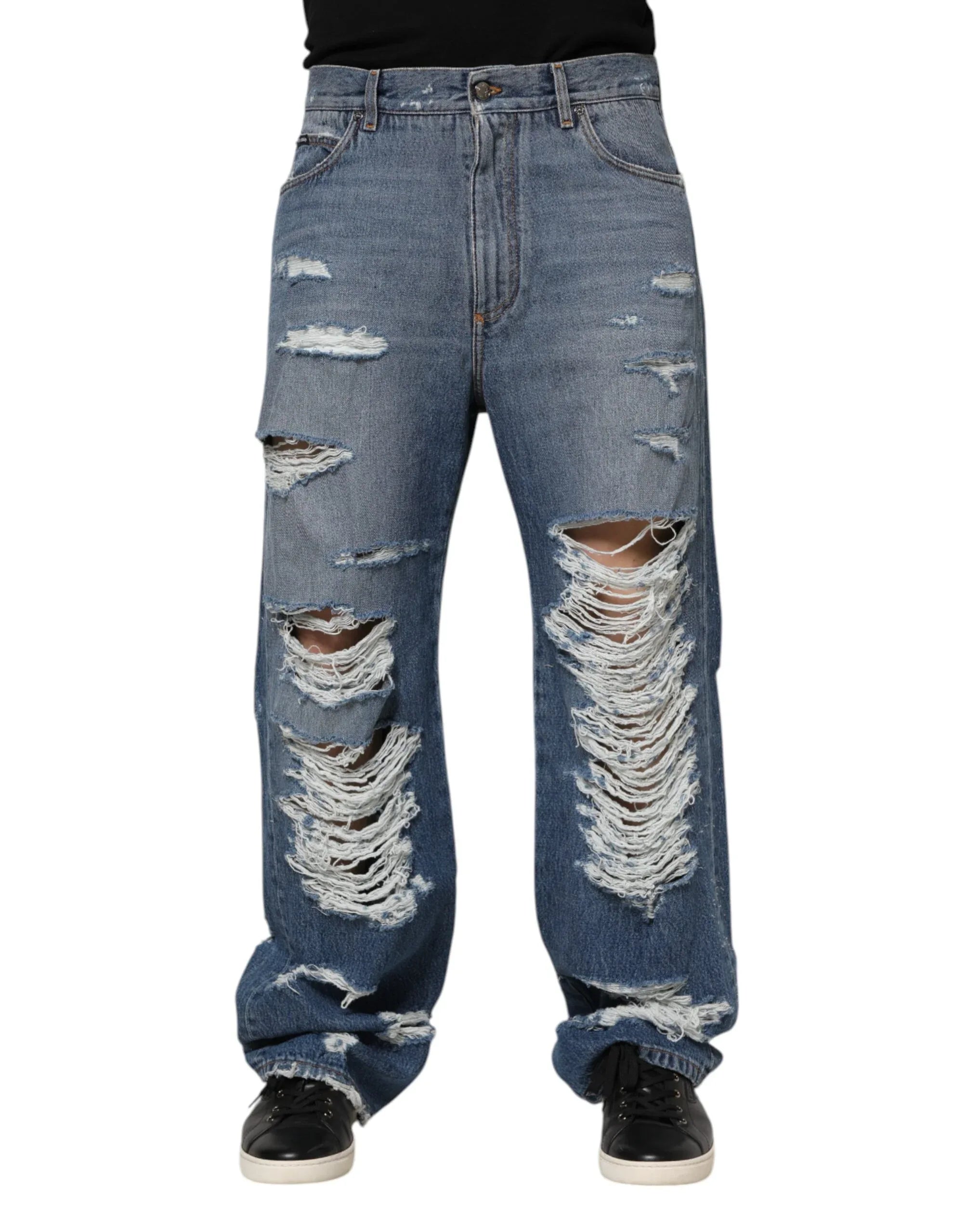 Dolce & Gabbana Blue Tattered Cotton Logo Plaque Denim Jeans - Zeiniez