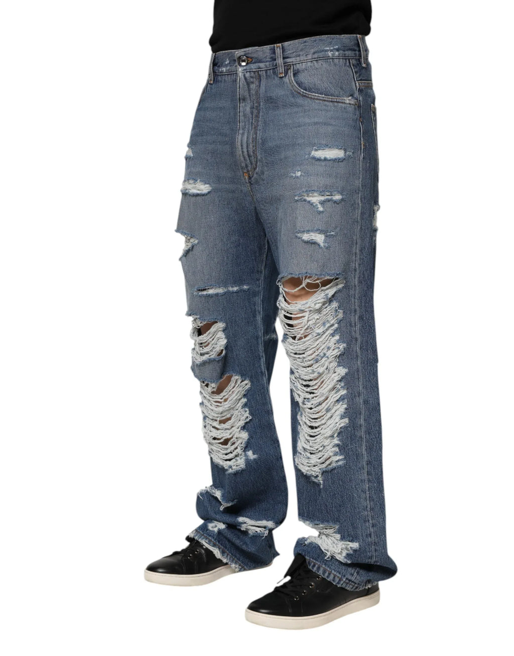 Dolce & Gabbana Blue Tattered Cotton Logo Plaque Denim Jeans - Zeiniez