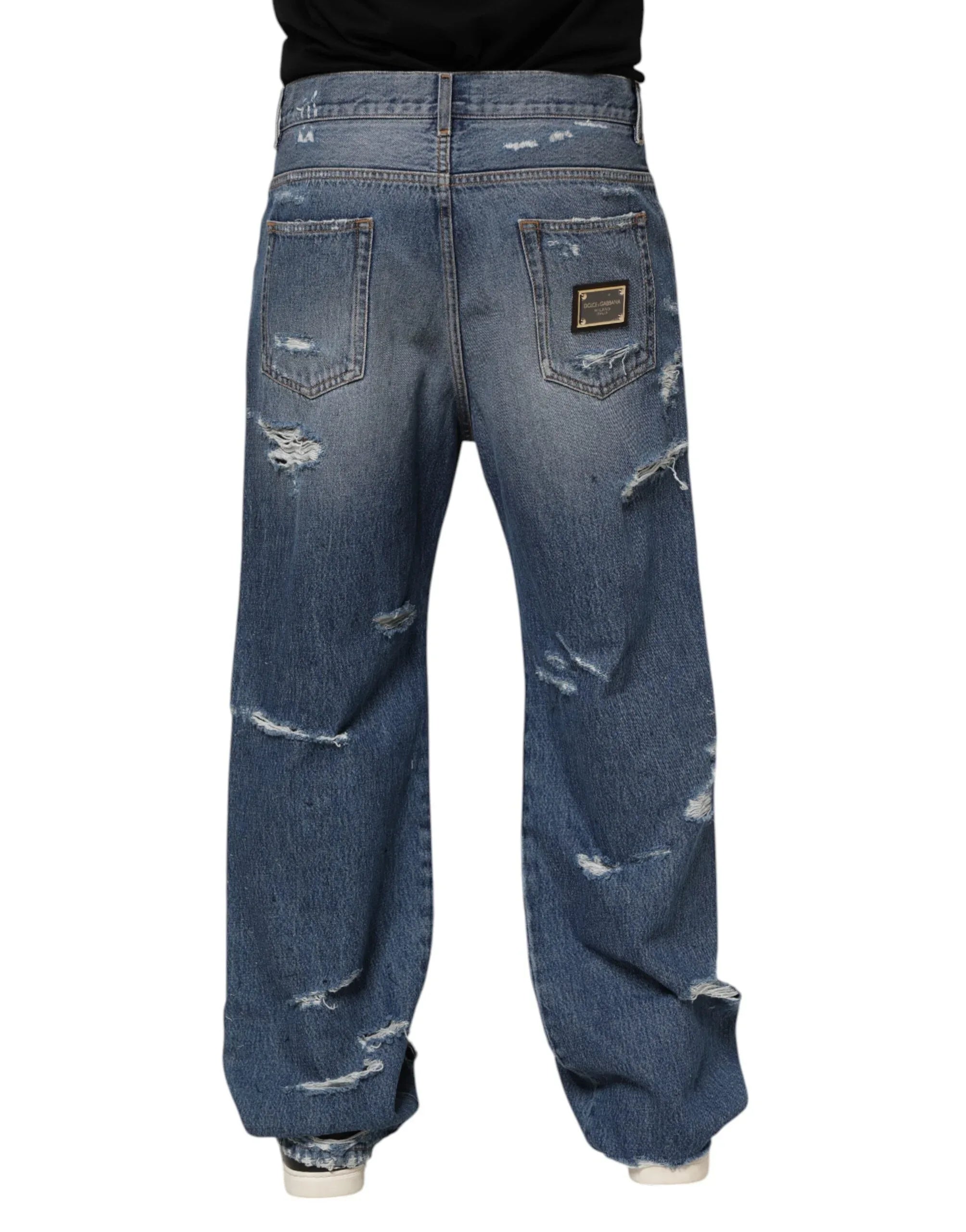 Dolce & Gabbana Blue Tattered Cotton Logo Plaque Denim Jeans - Zeiniez